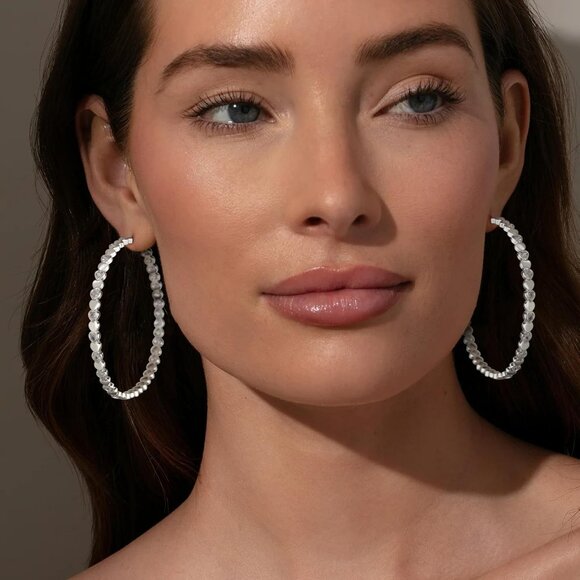 925 Silver-60mm Heart Cubic Zirconia Large Rhinestone Hoop Earrings for Womens - Picture 6 of 7